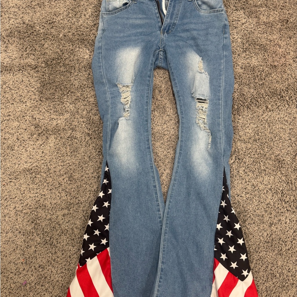 Amazon Light Blue Flare Jeans with Red, White & Blue Star Panel